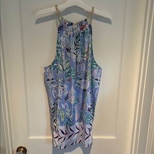 Lilly Pulitzer Bowen halter tank top w/ gold chain at neck in Blue Peri